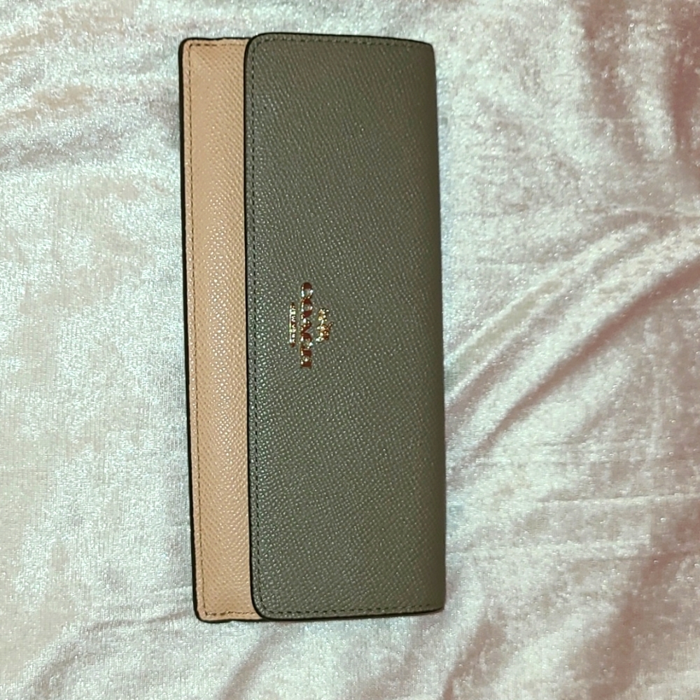Coach Two-tone Slim Fold Wallet, Color: Dark Grey & Beige, Gold Coach Detail